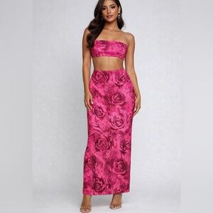 Juniors‎ Large 2Pc Hot Pink Floral Maxi Skirt Set Bandeau Tube Top Matching